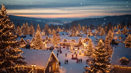 Merry Christmas and Happy New Year! Beautiful winter landscape in the mountain village.の素材