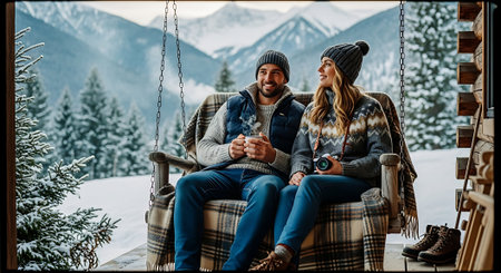 Young couple sitting on a swing in the mountains. Winter vacation.の素材