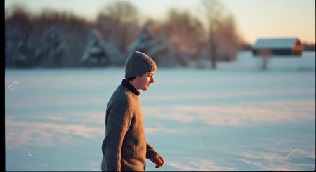A boy in a warm sweater and hat walks through the snow-covered field.の素材