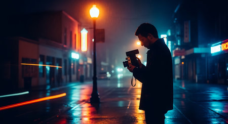Young man with a camera on the street in the foggy nightの素材