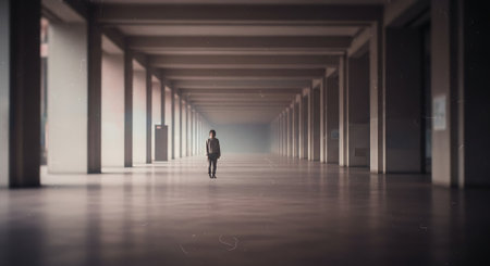Businessman walking in an empty corridor. 3D Rendering.の素材