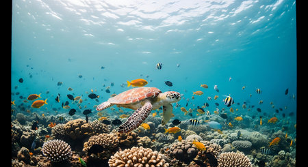 Green sea turtle and tropical fish on a coral reef in the Red Seaの素材