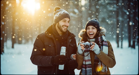 Couple taking photo with vintage camera in snowy winter forest. Happy man and woman in warm clothing holding camera and smiling.の素材