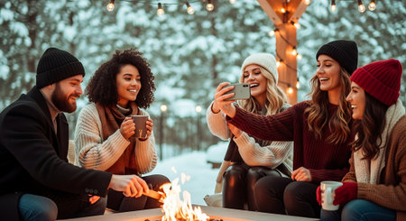Group of friends taking a selfie on a mobile phone while sitting by the fire in winter forestの素材