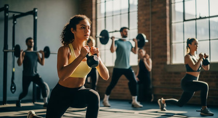 Beautiful young woman doing exercises with dumbbells in gym.の素材