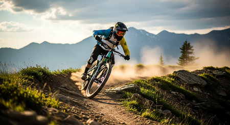 Cyclist Riding the Mountain Bike on the Trail in the Rocky Mountains. Extreme Sport Concept.の素材