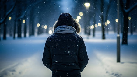 Woman walking in winter park at night with snowfall. Back viewの素材