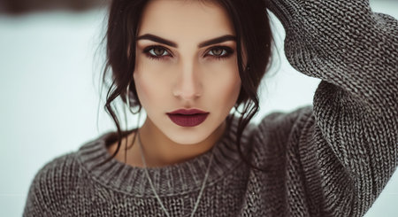 beautiful young woman in sweater looking at camera, closeup portraitの素材