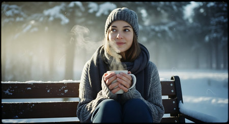 Young woman with cup of hot drink sitting on bench in winter forestの素材