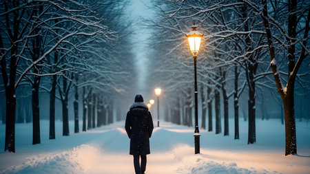 Woman walking in winter park at night with snow covered trees and lanternsの素材