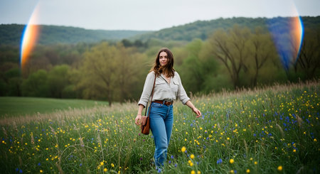 Beautiful young woman with long hair in the field with a rainbowの素材
