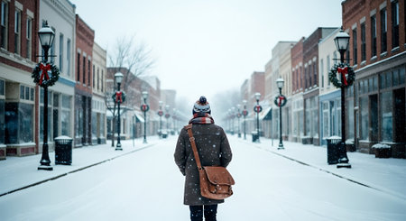 A young man in a winter hat walks along a snowy street.の素材