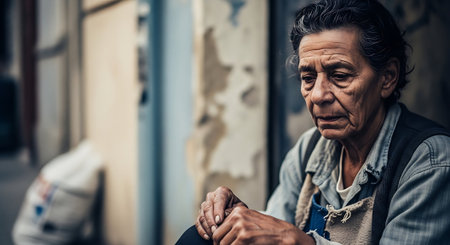 Portrait of an old man sitting on the street and looking at the cameraの素材