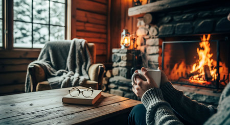 Woman sitting in front of fireplace with cup of hot drink and reading bookの素材