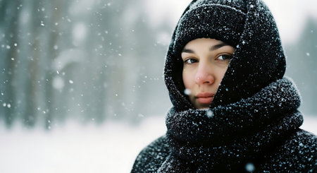 Portrait of a beautiful girl in a black coat and scarf on a winter backgroundの素材