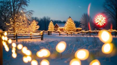 Beautiful winter landscape with Christmas tree and garland lights at nightの素材
