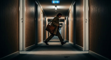 Businessman walking with briefcase in his hand in a dark corridorの素材