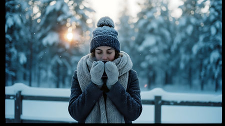 Beautiful young woman in a winter hat and scarf with a cup of hot drink in her hands.の素材