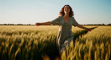 Happy young woman running in wheat field on a sunny summer day.の素材