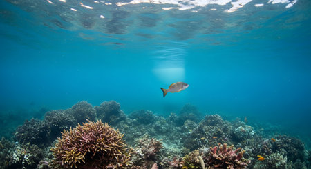 Underwater view of a tropical coral reef with a fish swimming byの素材