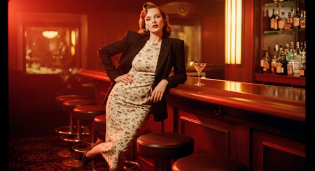 Fashionable young woman in evening dress posing at bar counter.の素材