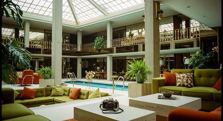 Interior of a hotel lobby with a swimming pool in the backgroundの素材
