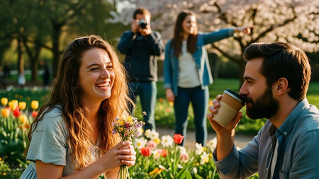 Young couple drinking coffee and talking on the background of spring flowers.の素材
