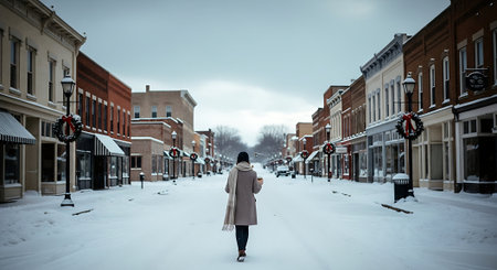 Woman walking in a snow covered town street during a blizzard.の素材