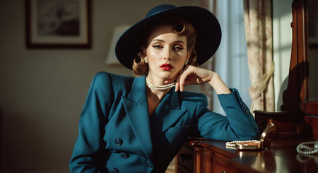 Fashionable woman in blue suit and hat posing in vintage interiorの素材