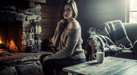Beautiful young woman sitting in front of the fireplace and drinking coffeeの素材