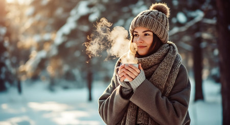 Young beautiful woman in winter clothes with a cup of hot drink in her hands.の素材