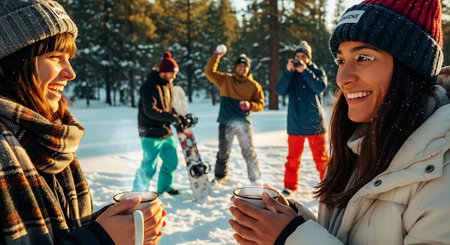 Group of friends having fun and drinking hot coffee in winter forest.の素材