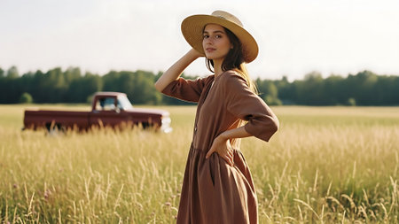 stylish girl in brown dress and straw hat standing in field near retro carの素材