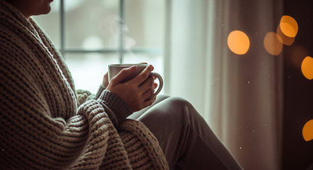 Woman in a warm knitted sweater sitting on the windowsill and holding a cup of coffee.の素材