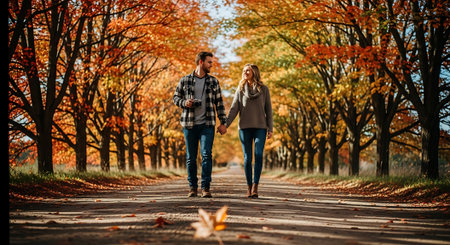 Young couple walking in the autumn park. Man and woman holding hands.の素材