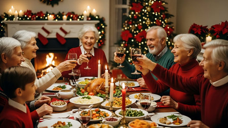 Happy family celebrating Christmas at home. Cheerful granny and her family drinking red wine while sitting at the festive table.の素材