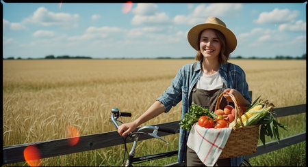 Young woman with a basket of vegetables and a bicycle in the field.の素材
