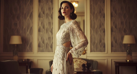 fashion interior photo of gorgeous woman with dark hair in elegant lace dress posing in luxurious apartmentsの素材