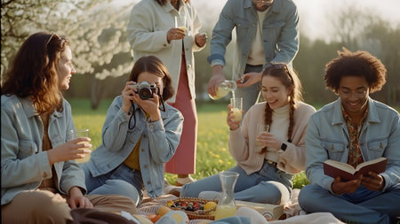 Group of happy friends having picnic in the park. They are sitting on the grass and drinking wineの素材