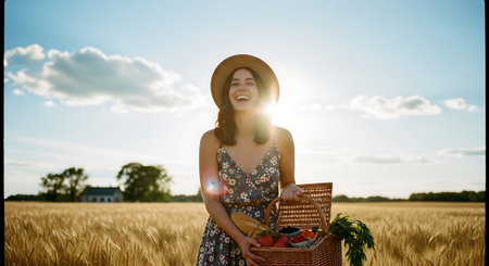Happy woman with basket of food in wheat field at sunny summer dayの素材