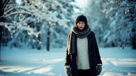 Beautiful young woman walking in winter forest. Beauty, fashion.の素材