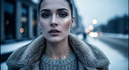 Fashion portrait of a beautiful young woman in a fur coat.の素材