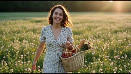 Young beautiful woman with a basket of strawberries in the field at sunsetの素材