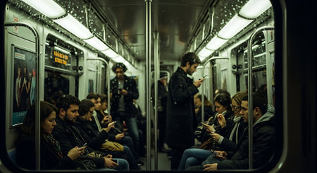 People using smartphones in Bucharest Metro.の素材