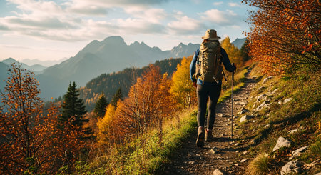 Hiker with backpack and trekking poles on the trail in the mountainsの素材