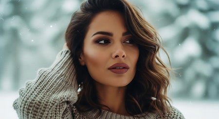 beautiful young woman in winter clothes looking away and smiling at cameraの素材