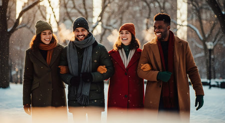 Group of multiethnic friends in winter clothes smiling and looking at cameraの素材