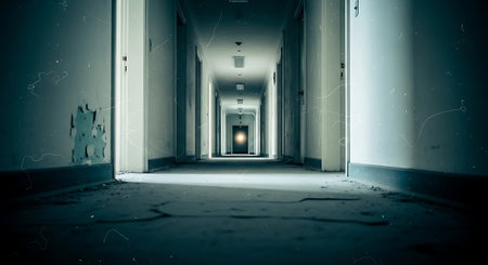 Interior of an empty hospital corridor. 3d rendering toned imageの素材