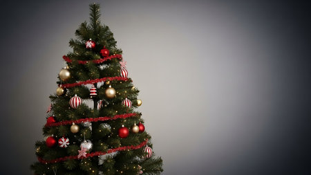 Decorated Christmas tree on grey background. 3D illustration.の素材