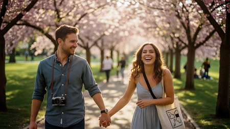 Couple in love walking in a blooming park in spring.の素材